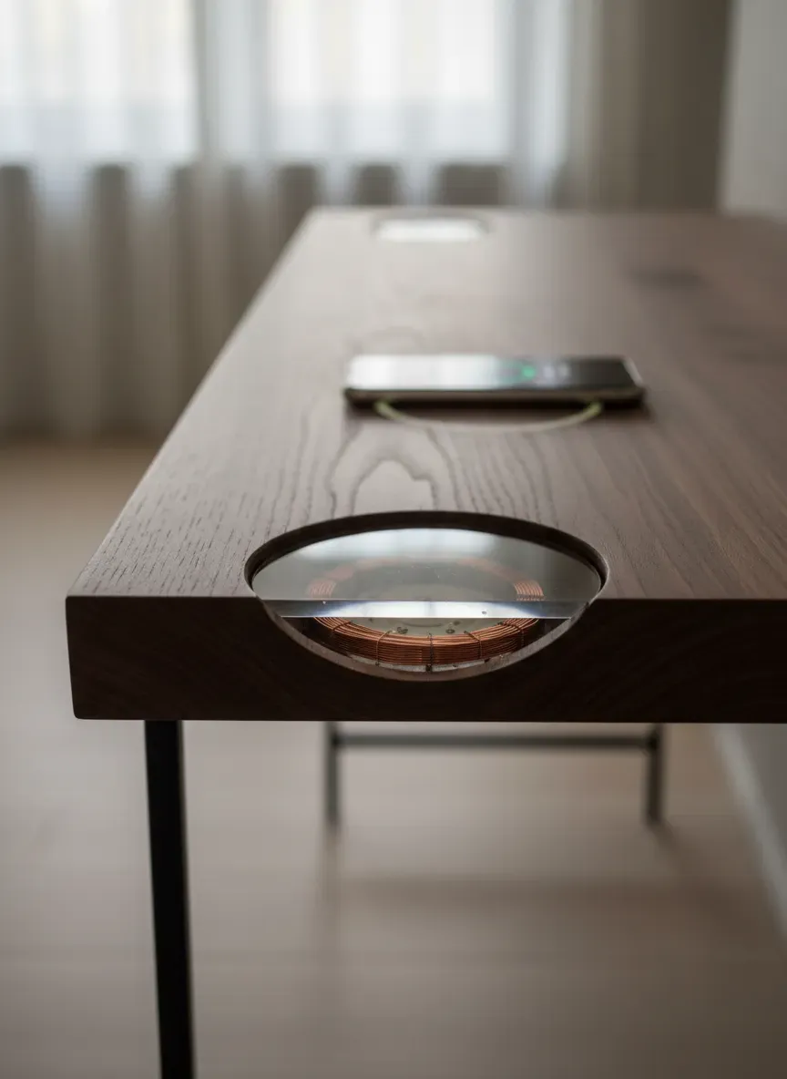 A cross-section view of a custom walnut console table showing a hidden Qi wireless charger routed seamlessly beneath the wood surface.