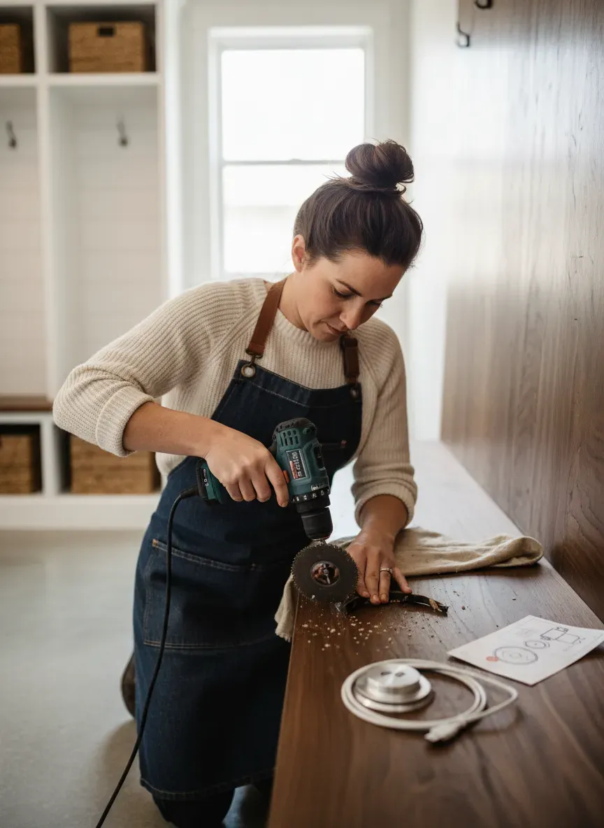 A step-by-step DIY process showing a person using a hole saw to install a sleek, flush-mounted USB-C charging grommet into an existing mudroom bench.