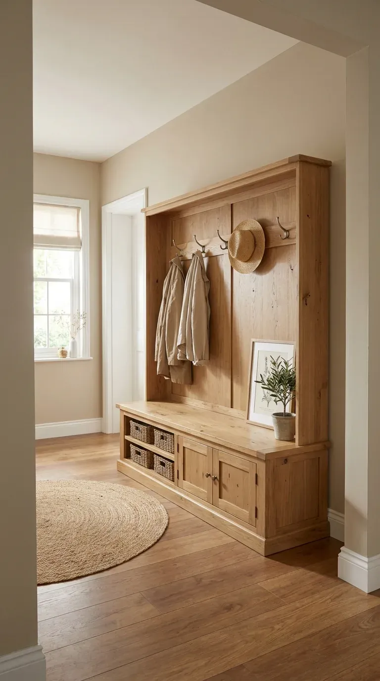 Hidden storage hall tree with flip up seat in oak entryway - bench lid open showing storage