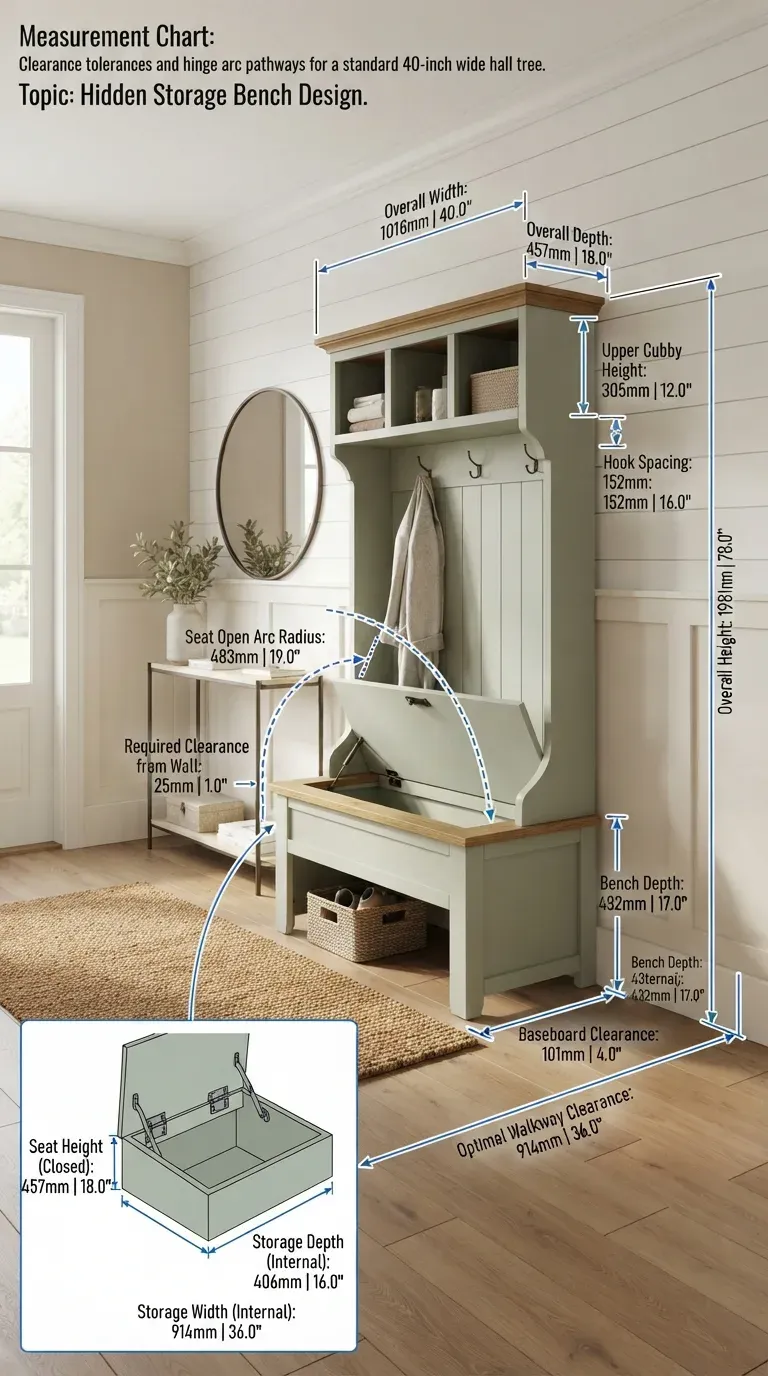 Measurement Chart: Clearance tolerances and hinge arc pathways for a standard 40-inch wide hall tree