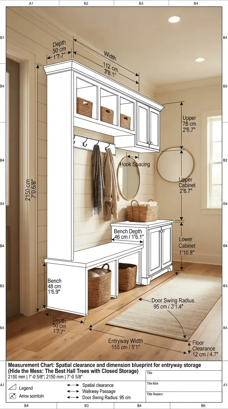 Measurement Chart: Spatial clearance and dimension blueprint for entryway storage