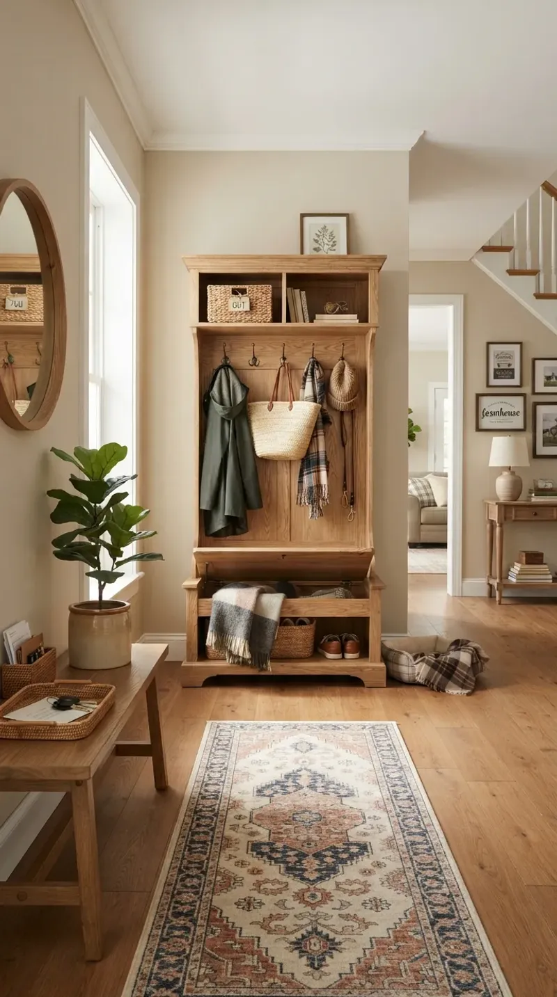 Hall tree with flip up seat open - hidden storage bench hinge and safety strut detail