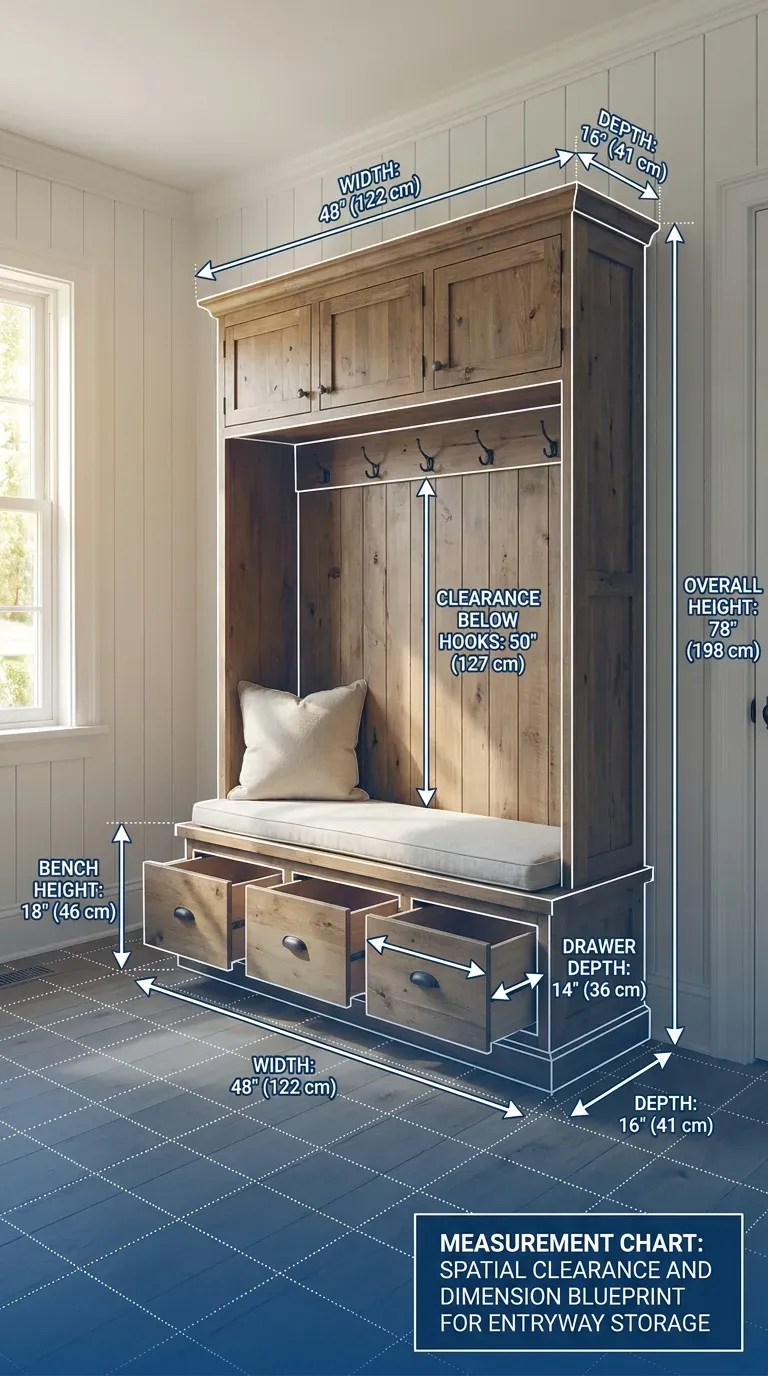 Measurement Chart: Spatial clearance and dimension blueprint for entryway storage