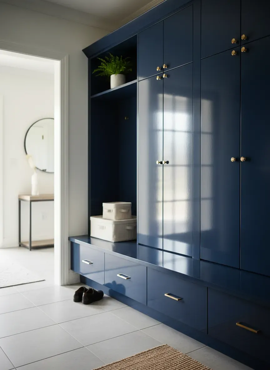 Sleek, high-gloss navy blue mudroom cabinets reflecting natural light from an entryway window