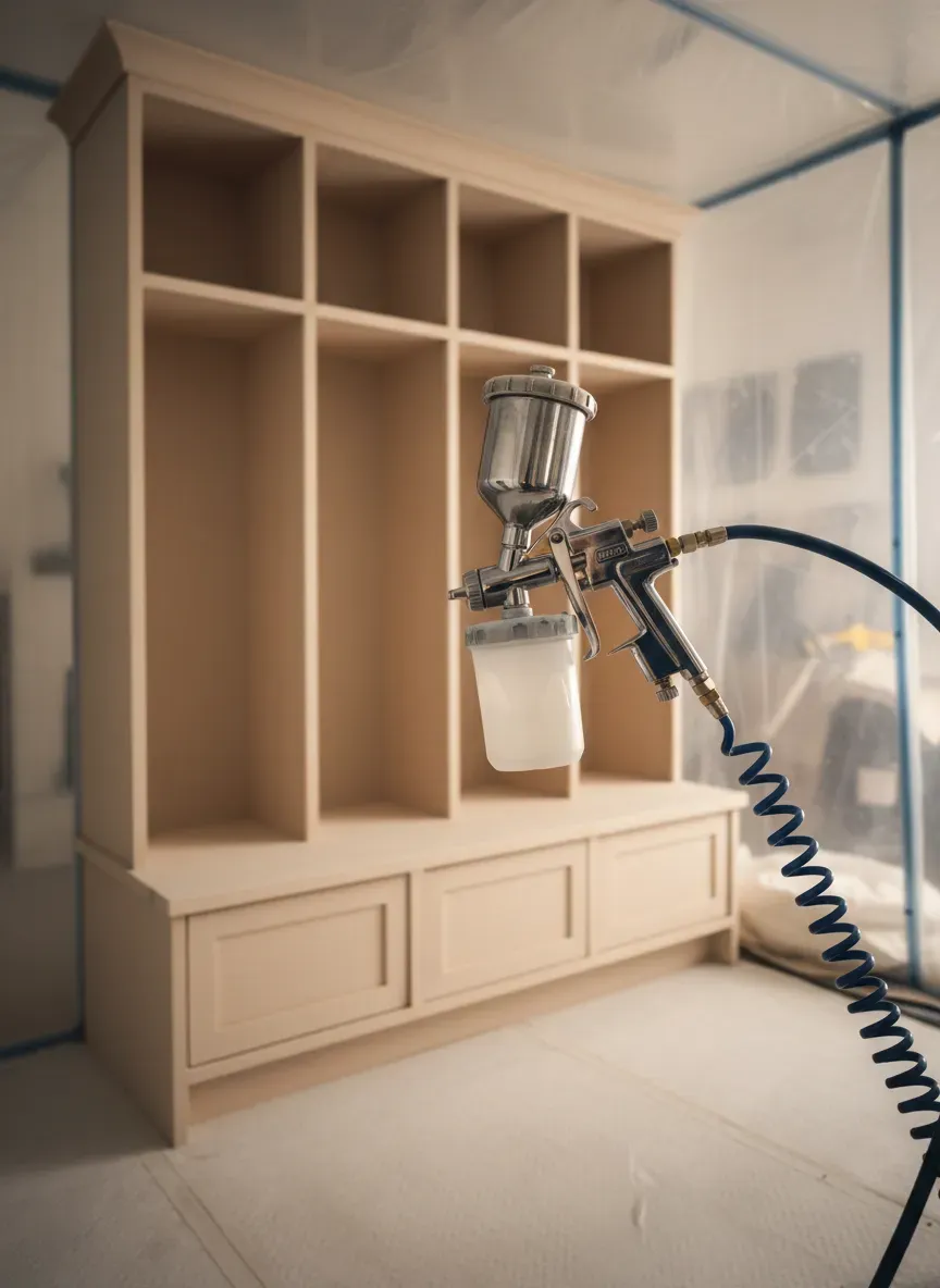 Professional painter using an HVLP spray gun on custom mudroom cabinetry in a dust-free enclosure
