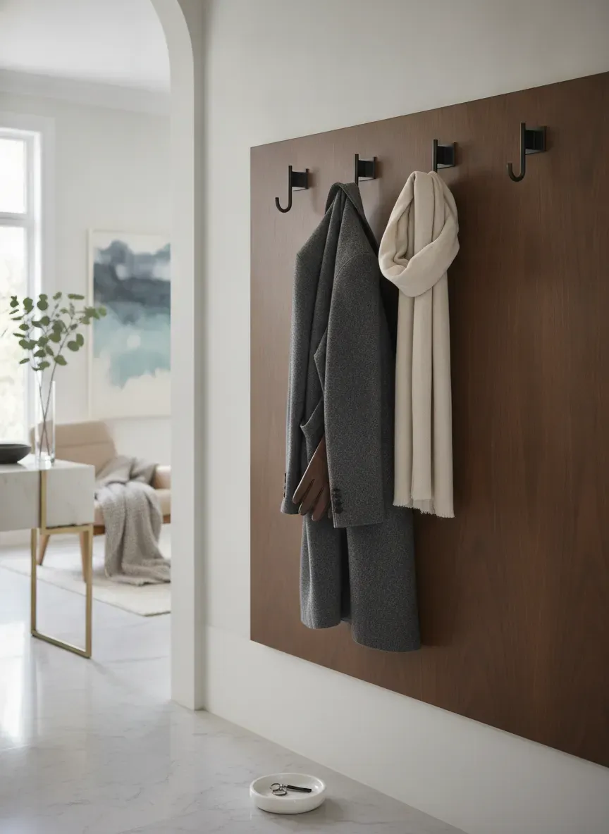 An elegant entryway with coat hooks mounted at the standard 60-inch height