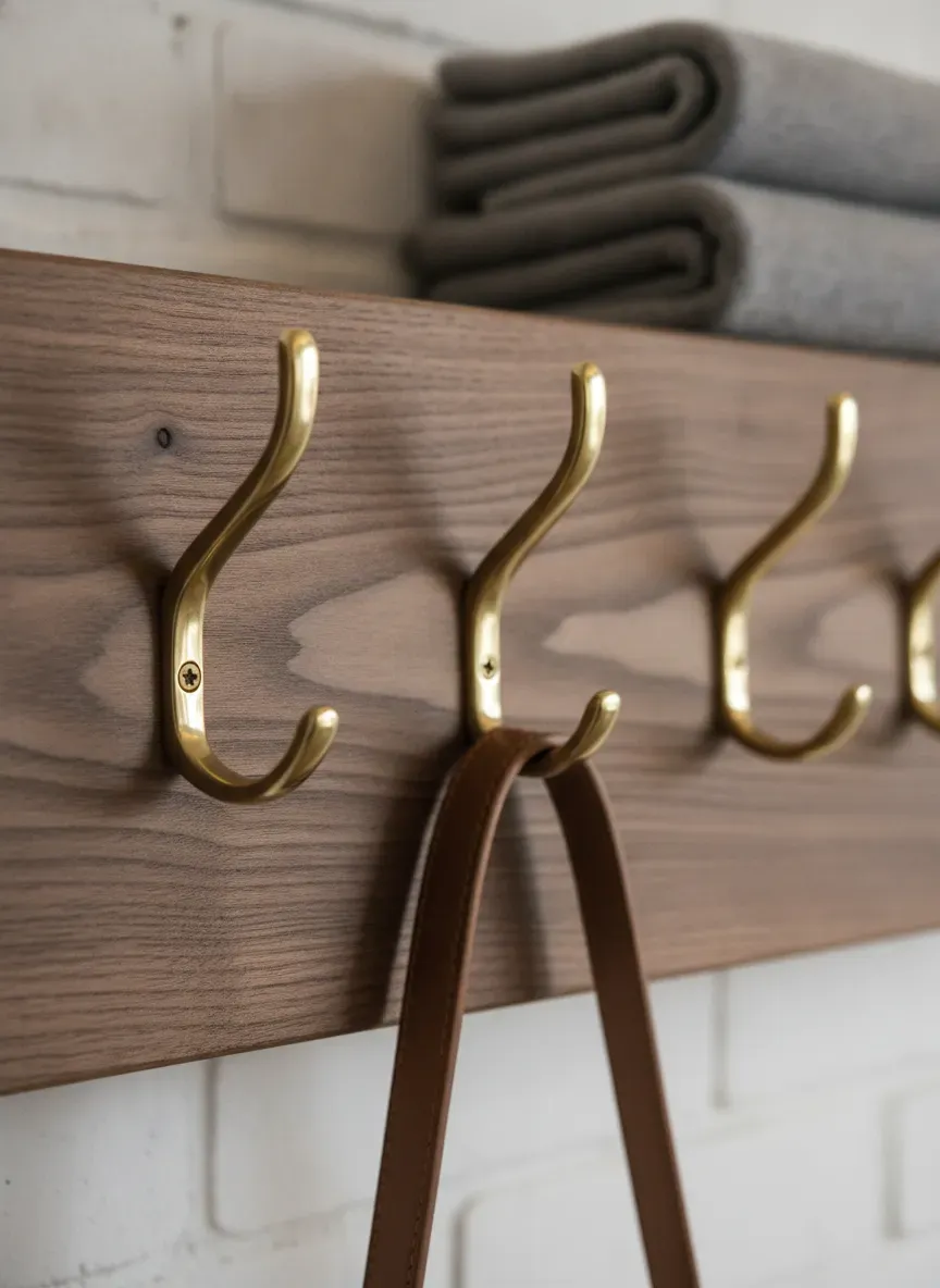 A close-up of high-quality coat hooks securely mounted into a wooden backer board