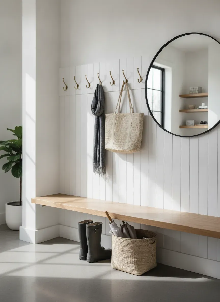 A modern, clean mudroom bench with built-in coat hooks spaced perfectly above it