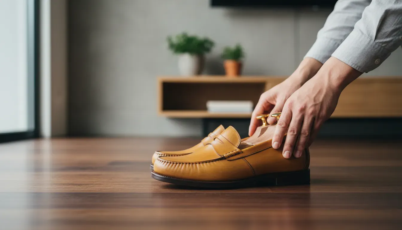 Close up of a person placing cedar shoe trees into leather loafers
