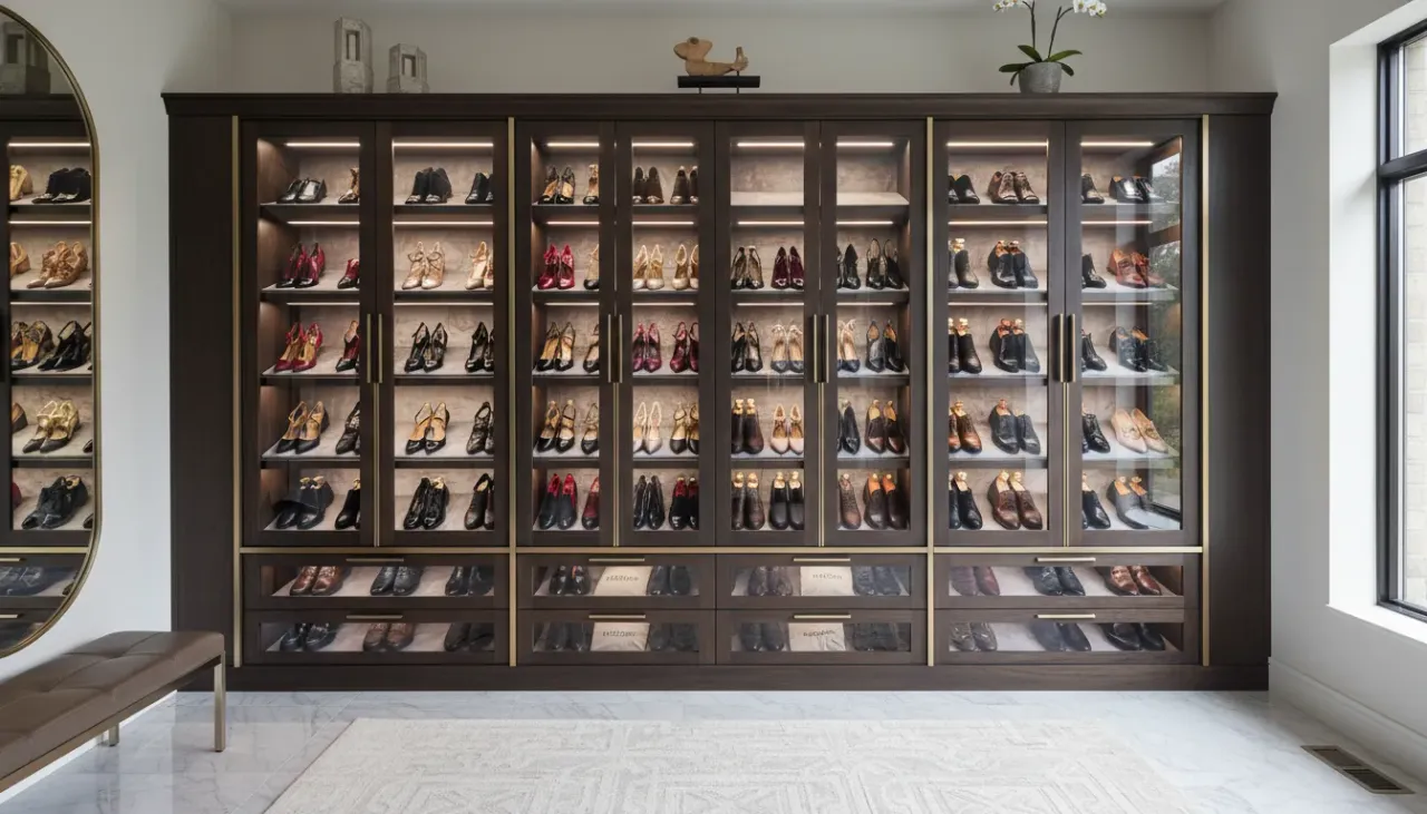 An elegant entryway featuring a custom shoe cabinet with dedicated shelving for stilettos and leather dress shoes