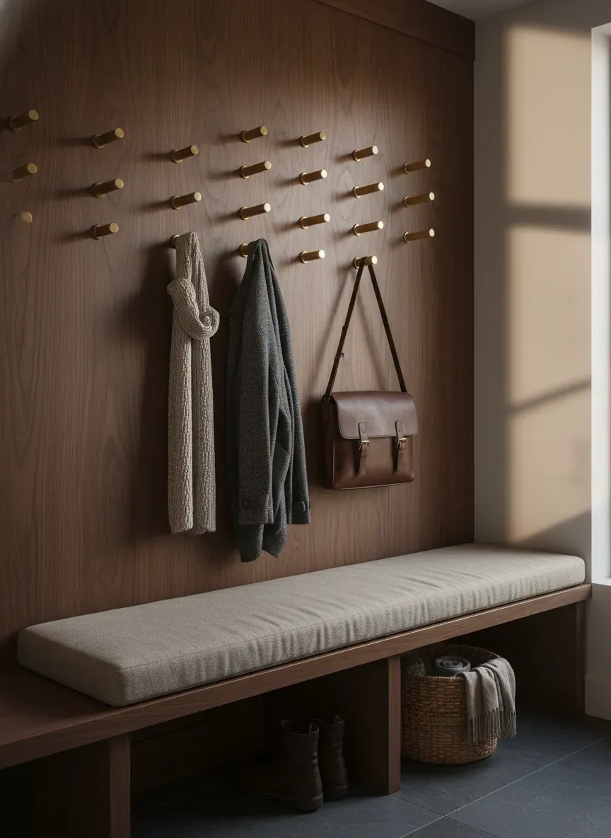 Staggered coat hook arrangement in a custom mudroom build