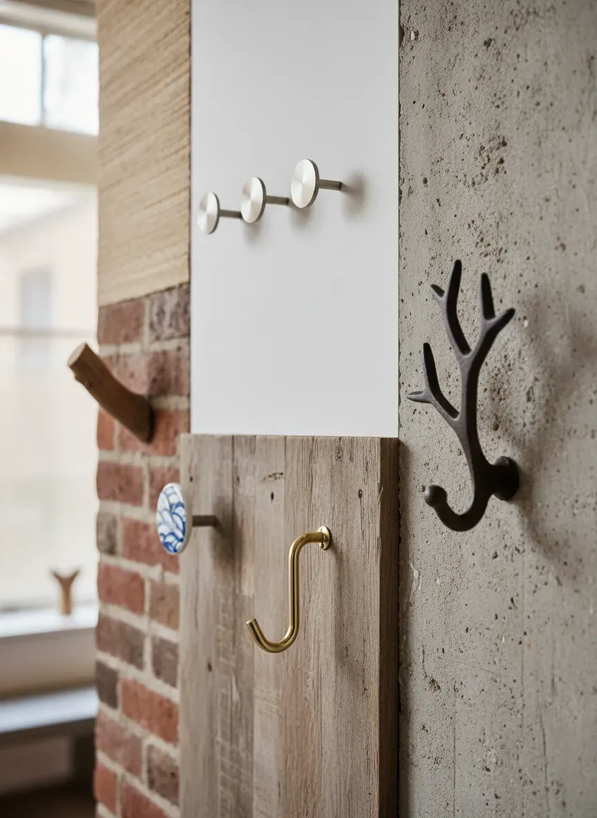 Various styles of coat hooks mounted on different wall substrates