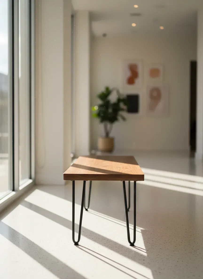 A sleek mid-century modern hairpin leg bench sitting in a sunlit hallway
