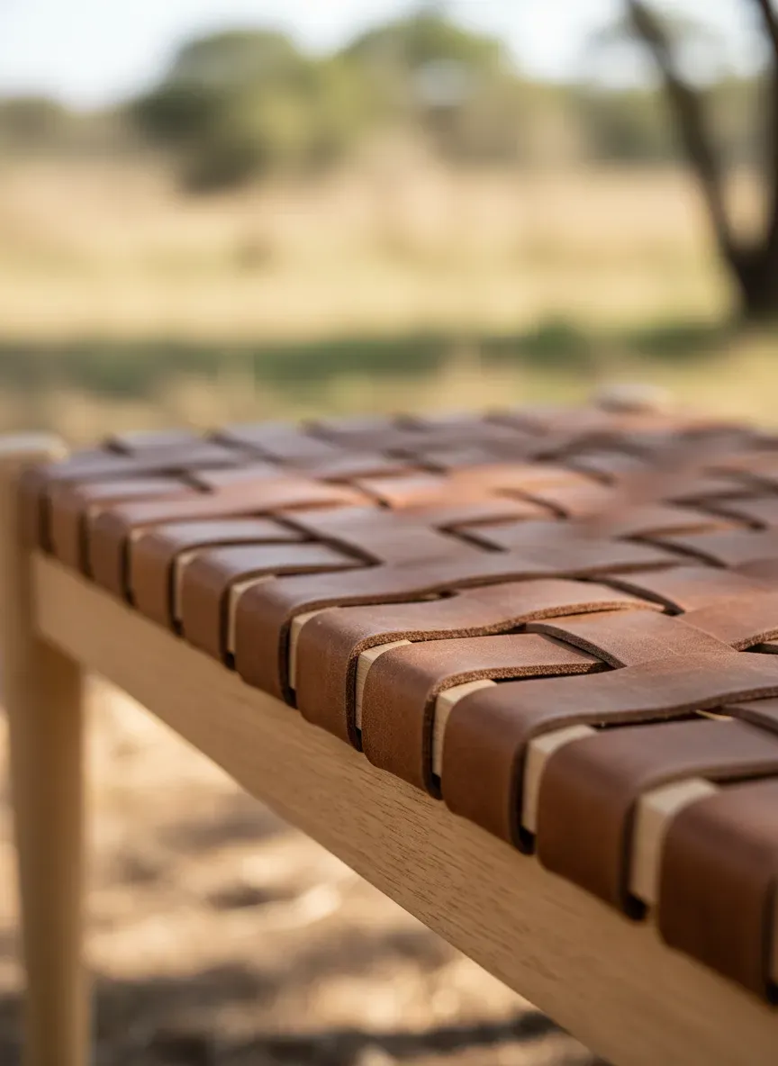 Close up of woven leather strapping on a custom DIY safari bench