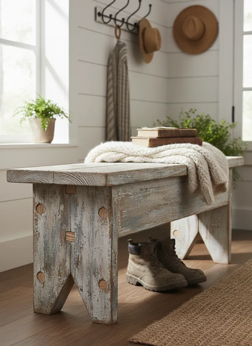 A rustic farmhouse entryway bench featuring pocket hole joinery and a distressed finish