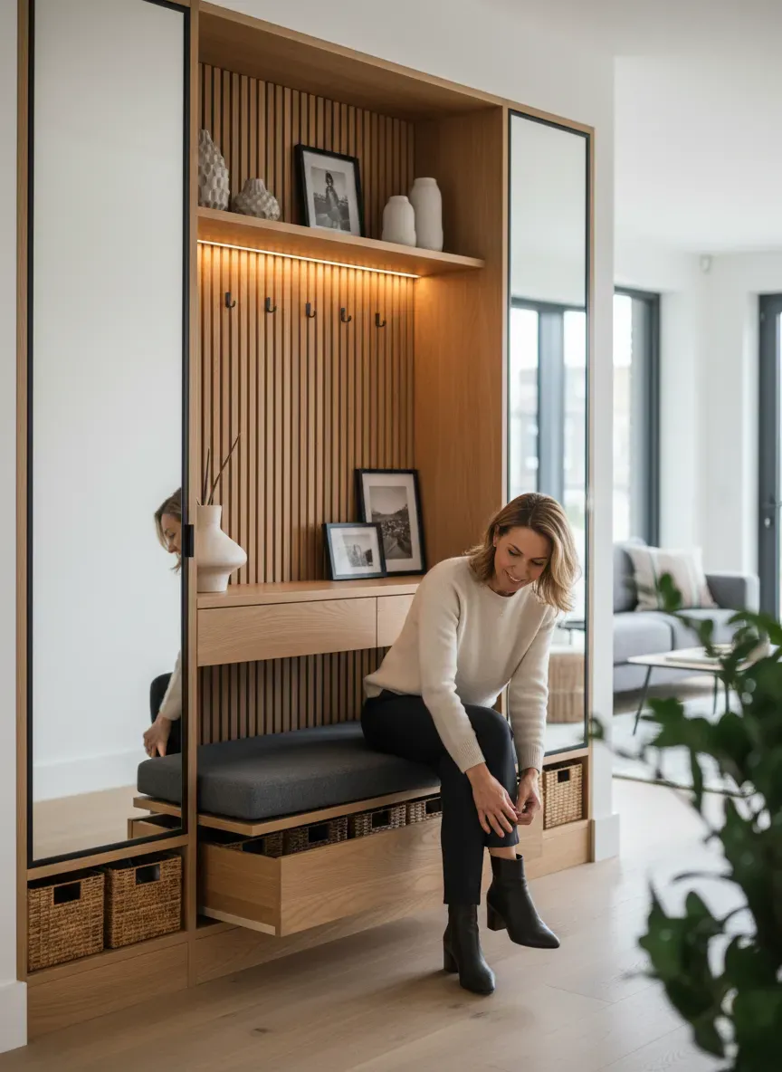 Custom entryway storage with dual purpose design elements