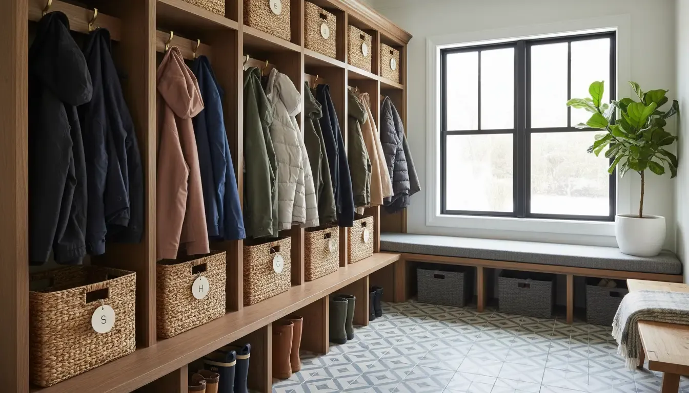 A perfectly organized mudroom with labeled baskets, hanging coats, and boots tucked away, showcasing the result of the investment.