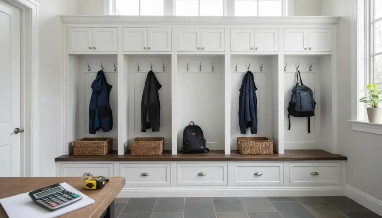 A luxurious, navy blue custom mudroom locker system with shiplap backing, oak bench seating, and brass hardware in a bright entryway.