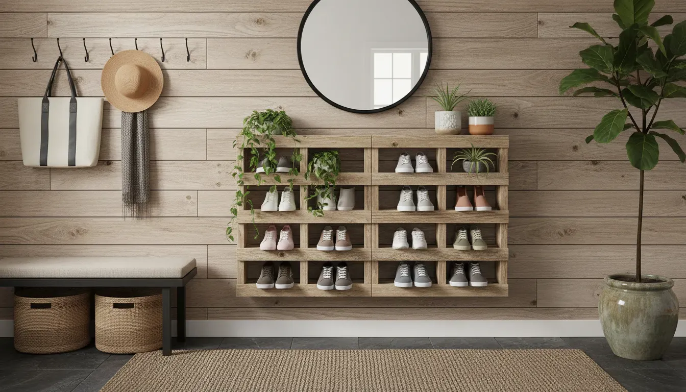 A styled mudroom entryway featuring the completed pallet shoe rack with plants and decor