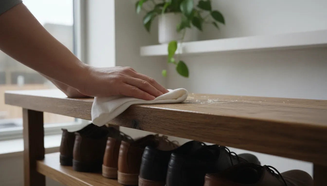 A detailed close-up of a person polishing a wooden shoe bench with a soft cloth and natural wax