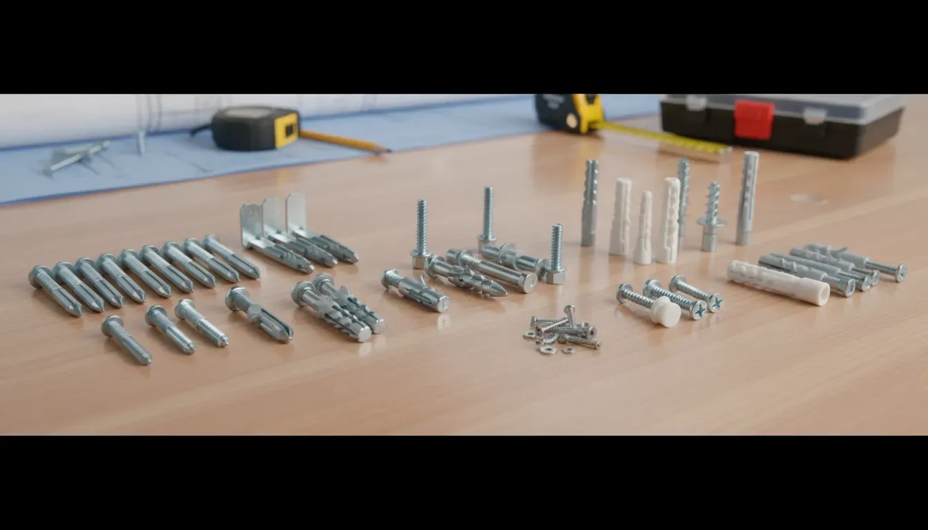 Comparison of toggle bolts, molly bolts, and threaded drywall anchors laid out on a workbench