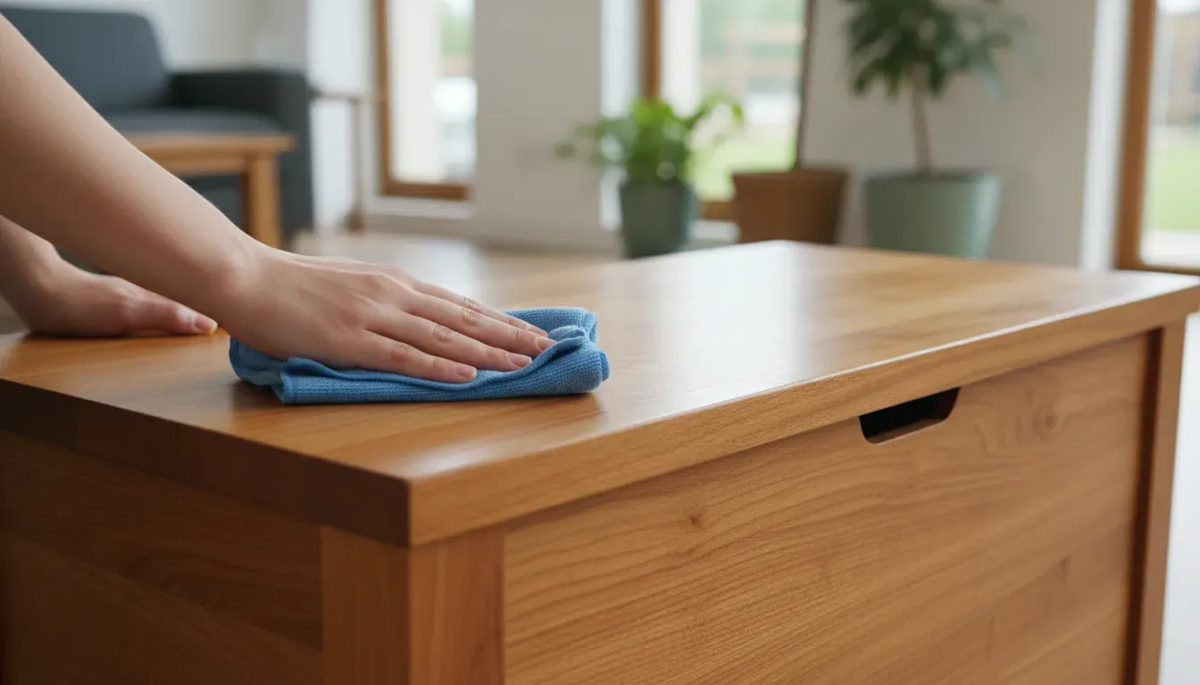A close-up of a person cleaning a wooden storage bench with a microfiber cloth