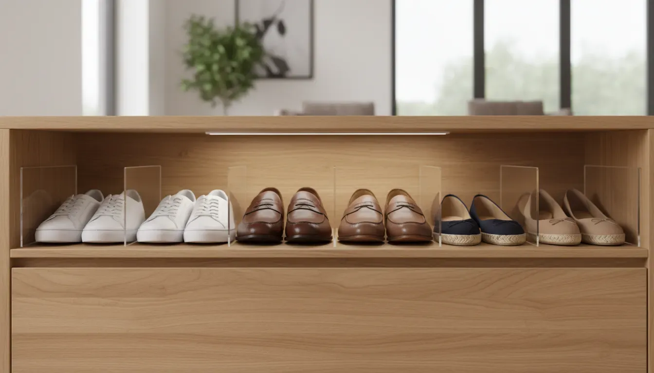 Interior of a storage bench showing organized shoes separated by dividers