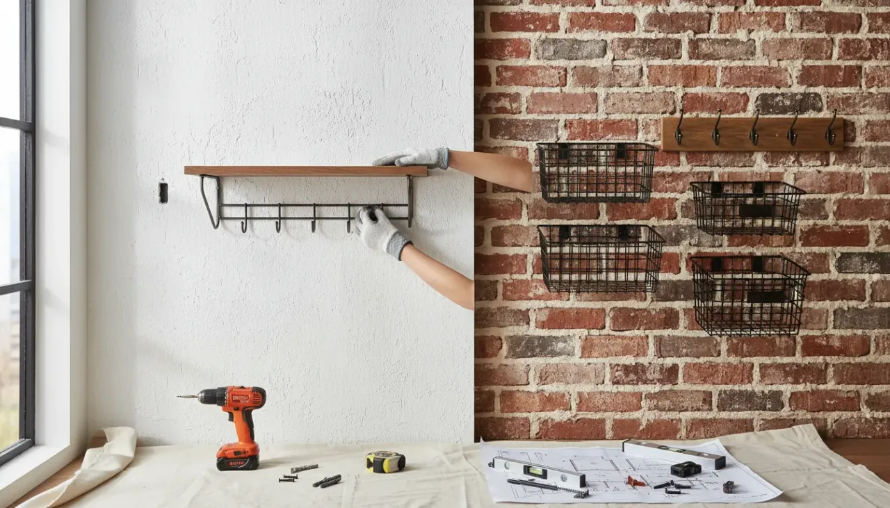A stylish wooden entryway organizer securely mounted on an exposed brick wall with coats hanging.