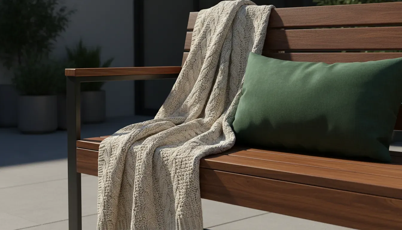 A close-up detail shot of a wooden bench with a textured throw blanket draped over the side and a velvet lumbar pillow