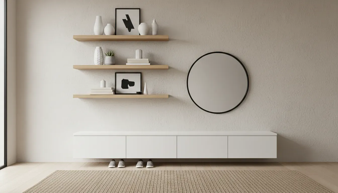 A minimalist entryway with a white storage bench, neutral color palette, and perfectly organized floating shelves above