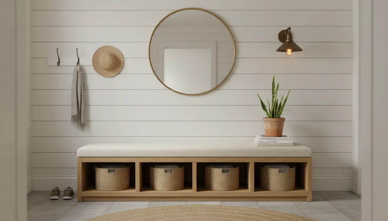 A styled entryway featuring a storage bench, a round mirror, and soft lighting