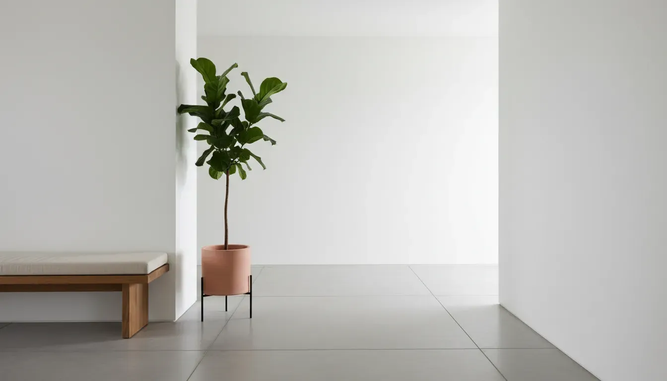 A serene, minimalist hallway with a bench and a potted plant