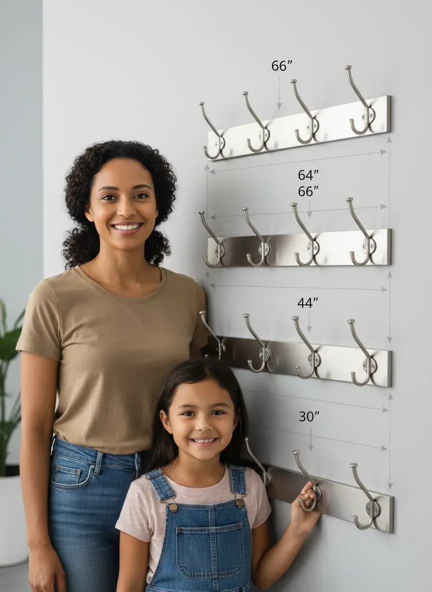 Diagram of staggered hook heights for adults and children