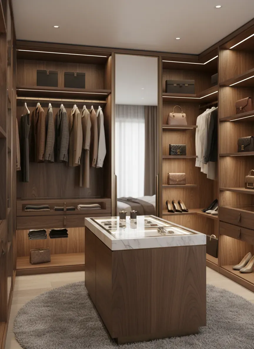 3D CAD rendering of a semi-custom walk-in closet design