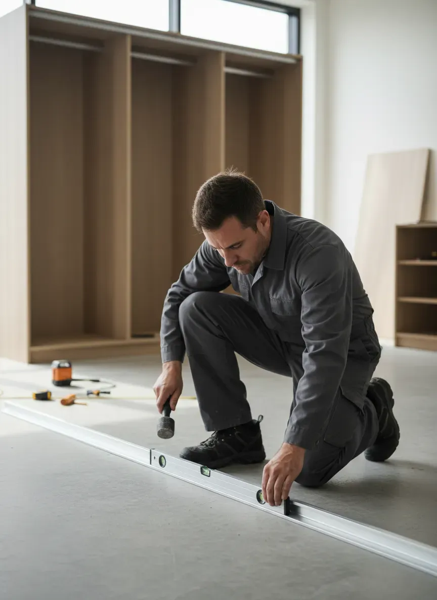 Installer leveling a floor track for a custom sliding wardrobe