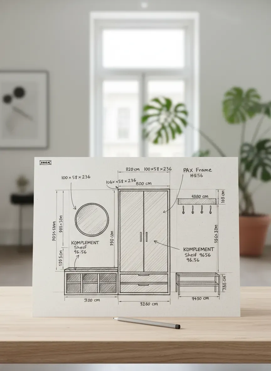 A detailed sketch of an entryway layout featuring IKEA Pax dimensions