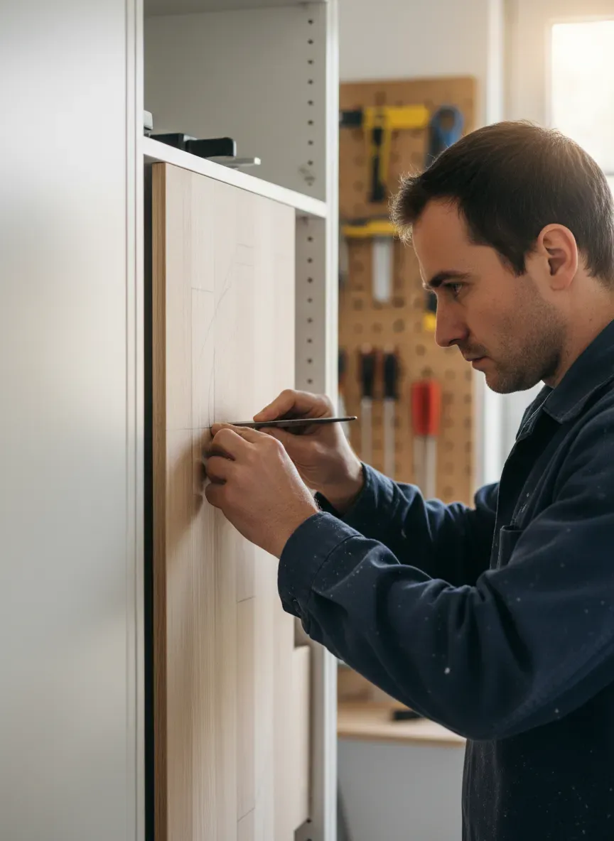 Close up of a carpenter scribing filler pieces next to a Pax frame