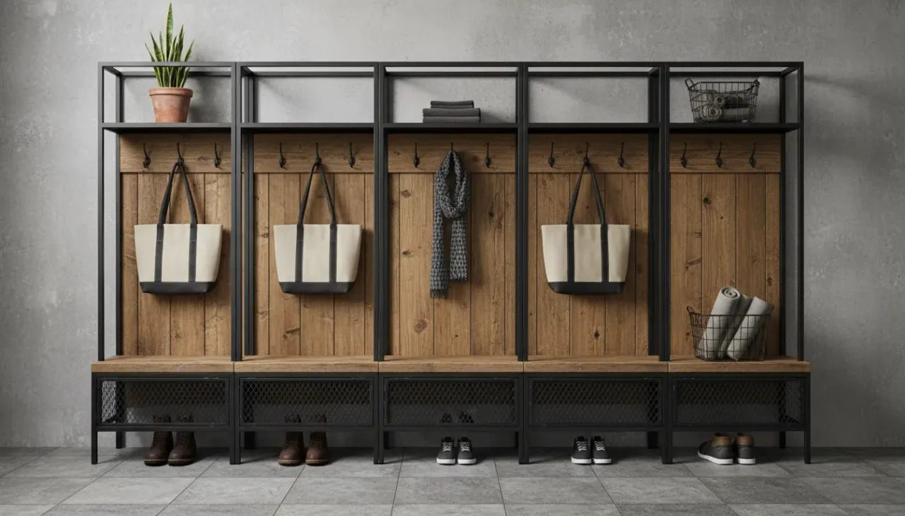 A spacious mudroom featuring floor-to-ceiling charcoal metal lockers paired with a reclaimed oak bench and industrial cage lighting.