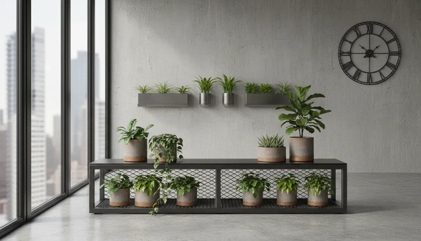 Modern industrial metal bench with open shelving and potted plants