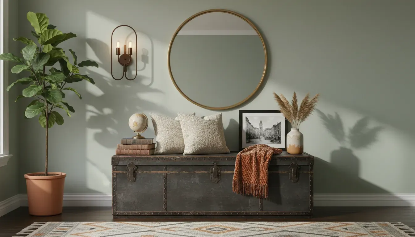 Stylized entryway featuring a metal storage trunk bench with vintage decor items