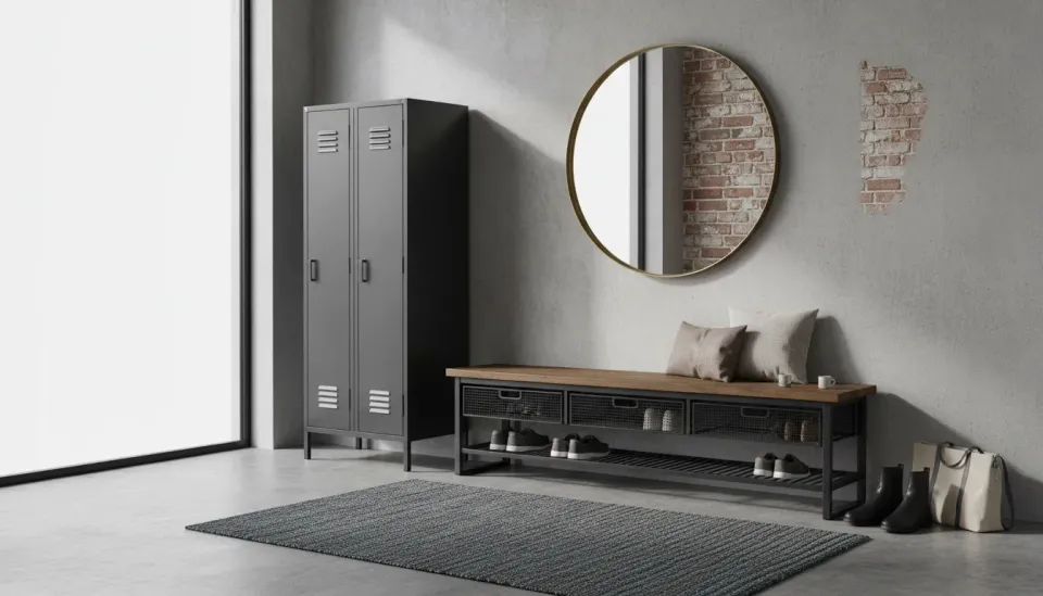 Industrial Edge: Metal Entryway Benches with Storage Solutions