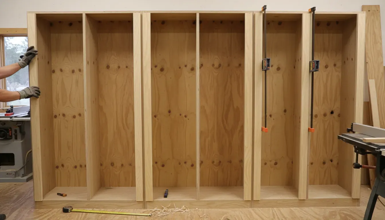 Installing vertical face frames on plywood locker dividers to create a thick, custom built-in appearance