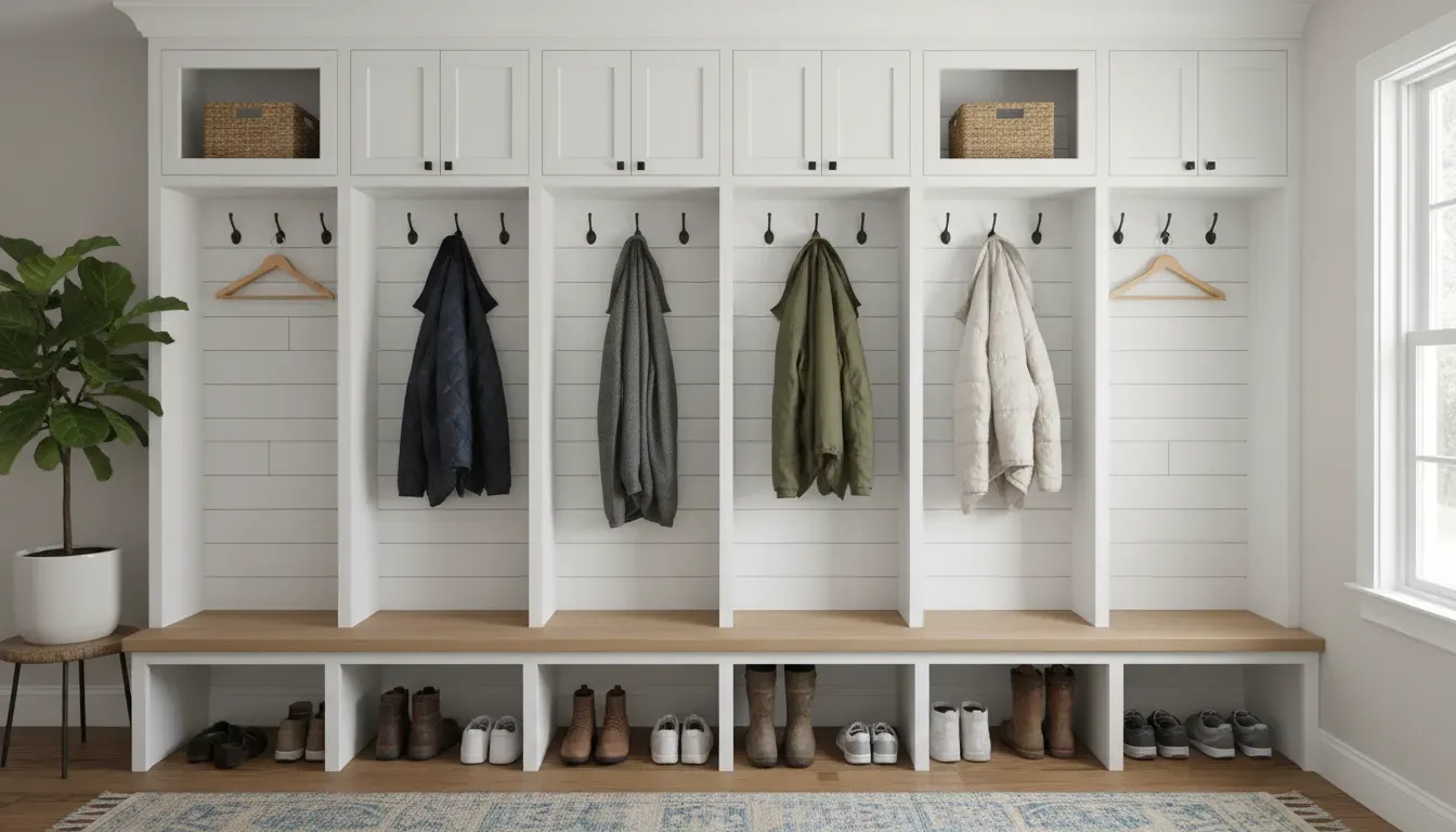 A finished built-in mudroom locker unit painted white with baskets in top cubbies and coats hanging on black hooks