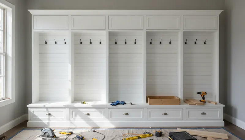 A beautifully finished white built-in mudroom locker system with wood bench seating and upper storage cubbies.