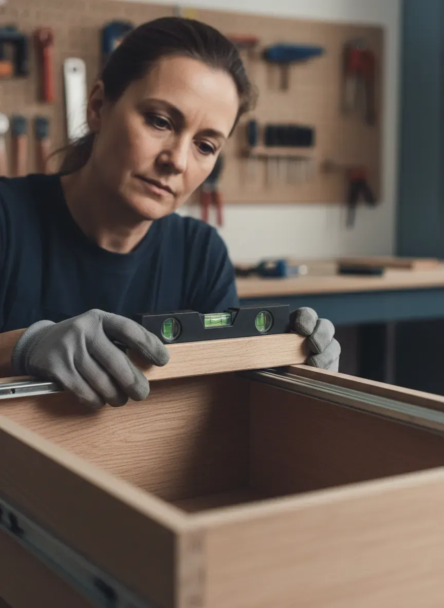 Using a specialized jig to hold the drawer slide perfectly level during installation