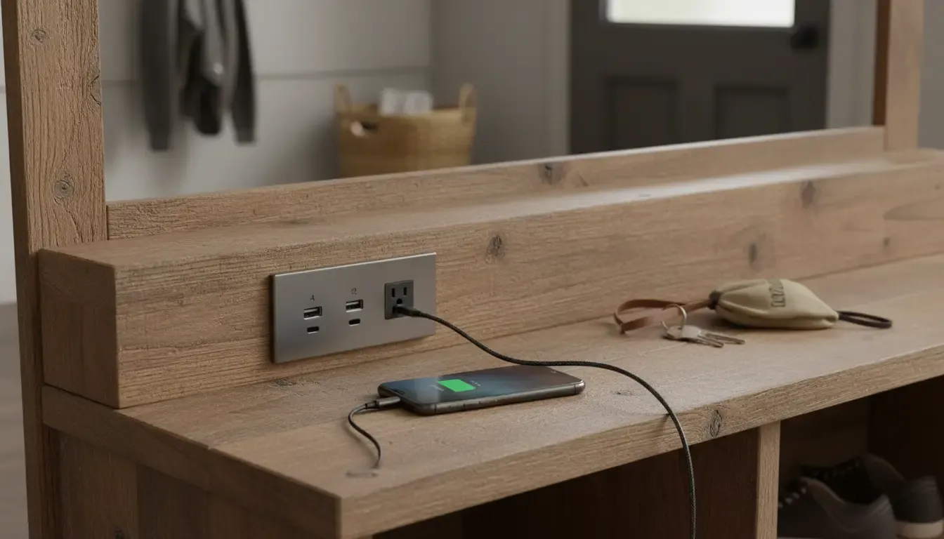 A detailed close-up of a wooden hall tree bench featuring a built-in power strip with USB ports and a standard AC outlet, with a phone charging on the surface