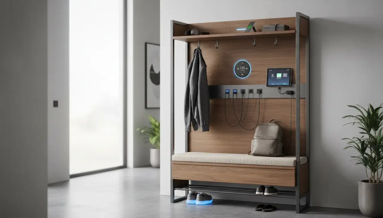 A modern entryway featuring a sleek hall tree with built-in USB ports charging a smartphone, surrounded by neatly organized coats and shoes