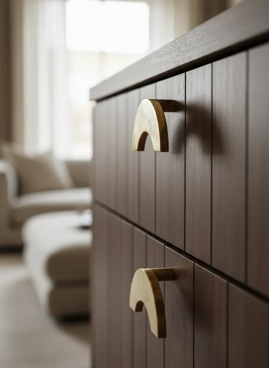 Close up of custom millwork featuring unlacquered brass pulls and V-groove backing