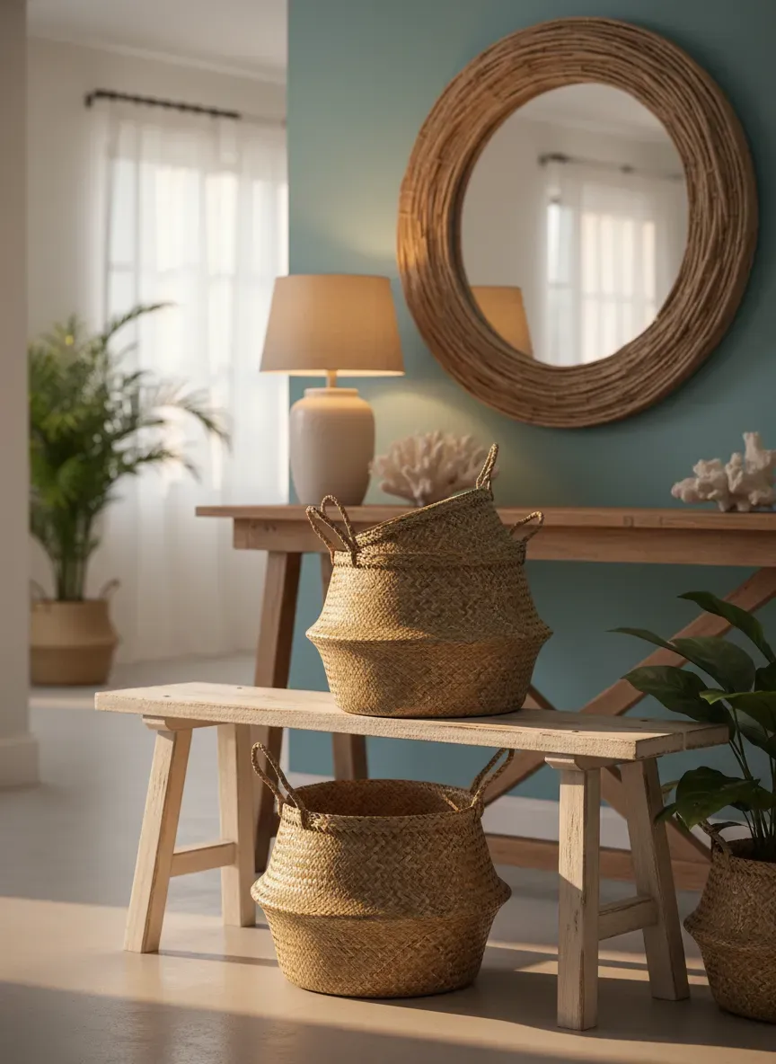Coastal style entryway with warm lighting highlighting woven baskets