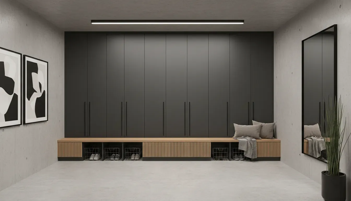 A row of matte charcoal floor-to-ceiling mudroom lockers with integrated bench seating in a concrete minimalist foyer